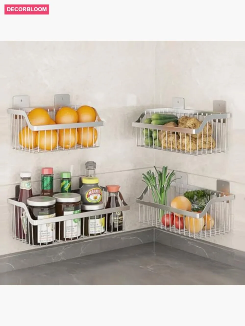 2-set stainless steel hanging fruit basket wall organizer for kitchen pantry
